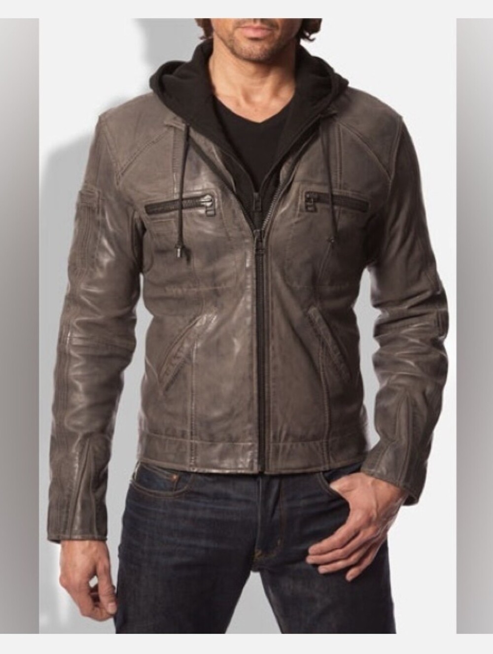 7 diamonds Taupe Lamb leather hooded bomber Moto jacket L